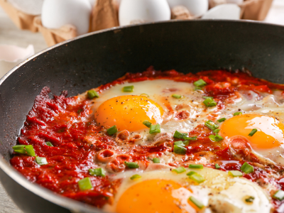 Prato saboroso de Ovos no Purgatório com molho de tomate